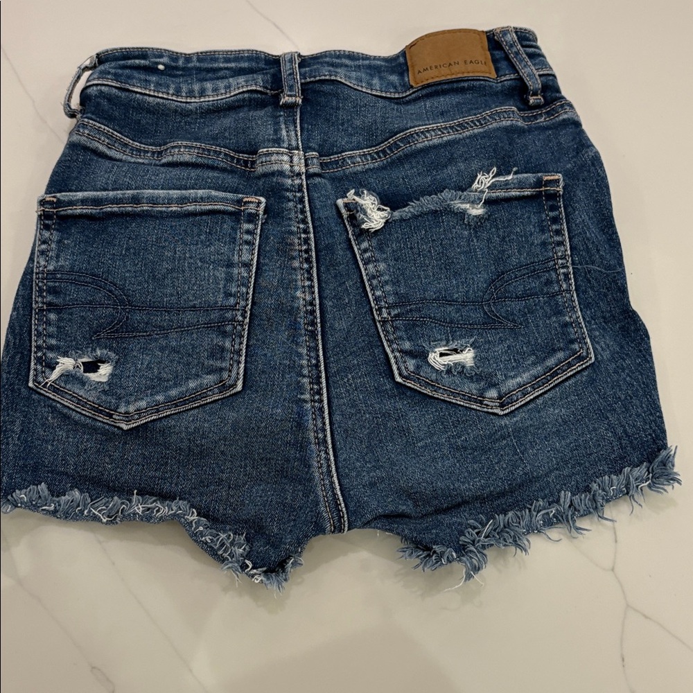 American Eagle Outfitters Dark Blue Distressed Jean Shorts - Picture 2 of 5